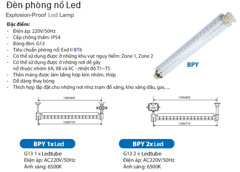 Thông số kỹ thuật bộ đèn phòng chống cháy nổ hiệu EEW 1m2x2 bóng đèn Led tuýp Philips BPY-LED 