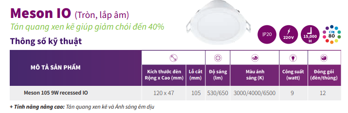 Thông số kỹ thuật đèn Downlight âm trần Led Philips 59449 Meson 105 9W recessed IO