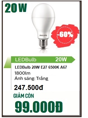 Combo 6 Bóng đèn Led Bulb Philips hiệu suất cao 20W E27 6500K A67 ánh sáng trắng