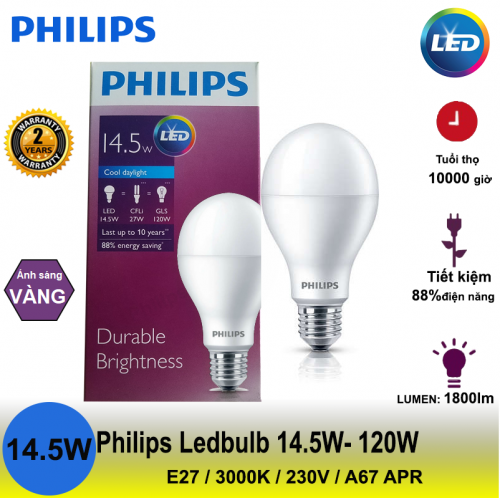 Bóng đèn LEDBulb Philips 14.5W E27 3000K 230V A67 quang thông 1,800lm