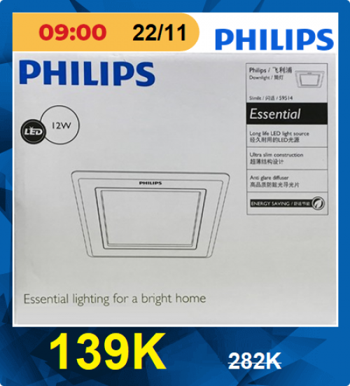Combo 12 bộ Đèn Downlight âm trần vuông Led Philips 59514 4000K màu trug tính