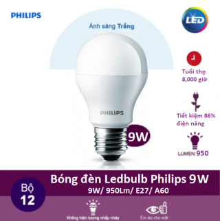 Hộp 12 bóng đèn Led Bulb Philips 9W/6500K ánh sáng trắng